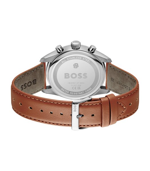Montre BOSS BLACK GRAND PRIX 44 - LE Homme 1514313 Analogue Cadran MINERAL Blanc Bracelet Cuir Brun Etanchéité 5BAR