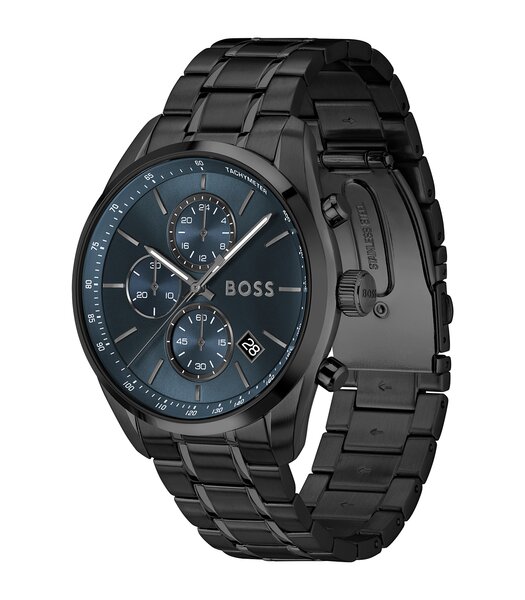 Montre BOSS BLACK GRAND PRIX 44 - LE Homme 1514314 Analogue Cadran MINERAL Bleu Bracelet Acier Noir Etanchéité 5BAR