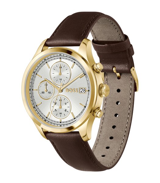 Montre BOSS BLACK STRATUS Homme 1514327 Analogue Cadran MINERAL Argenté Bracelet Cuir Brun Etanchéité 5BAR