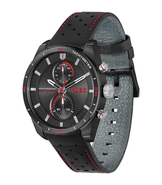 Montre HUGO FAST Homme 1530370 Analogue Cadran MINERAL Noir Bracelet Cuir Noir Etanchéité 5BAR