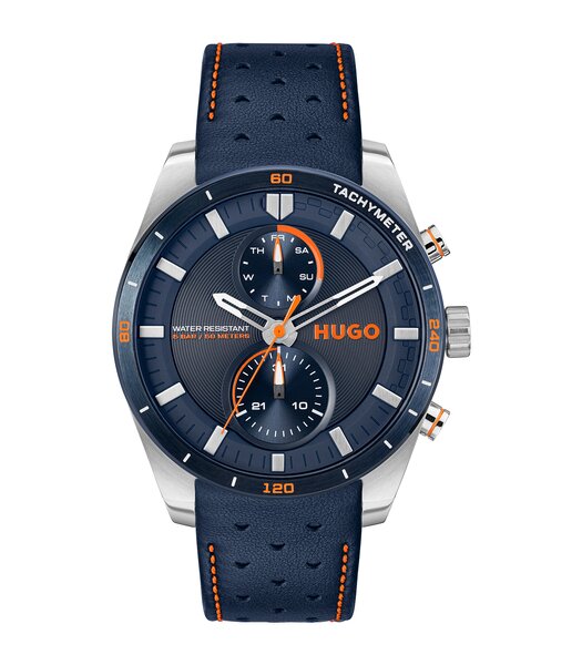Montre HUGO FAST Homme 1530371 Analogue Cadran MINERAL Bleu Bracelet Cuir Bleu Etanchéité 5BAR