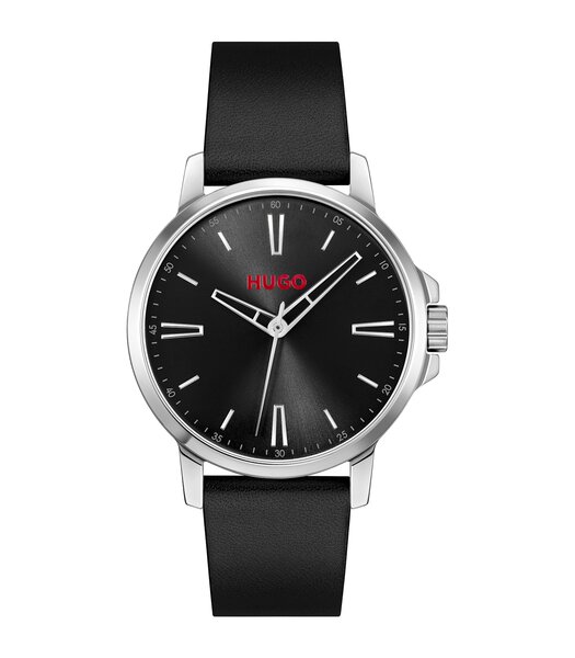 Montre HUGO SMOOTH Homme 1530417 Analogue Cadran MINERAL Noir Bracelet Cuir Noir Etanchéité 3BAR