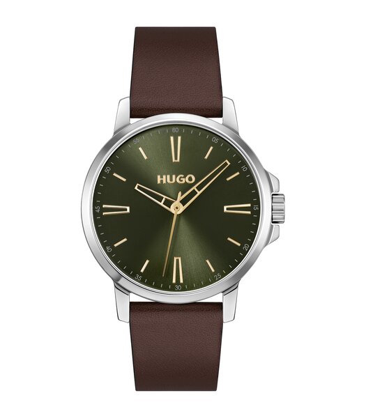 Montre HUGO SMOOTH Homme 1530418 Analogue Cadran MINERAL Vert Bracelet Cuir Brun Etanchéité 3BAR