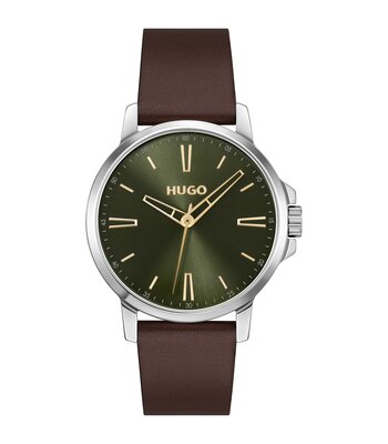 Montre HUGO SMOOTH Homme 1530418 Analogue Cadran MINERAL Vert Bracelet Cuir Brun Etanchéité 3BAR