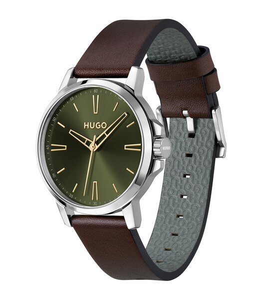 Montre HUGO SMOOTH Homme 1530418 Analogue Cadran MINERAL Vert Bracelet Cuir Brun Etanchéité 3BAR