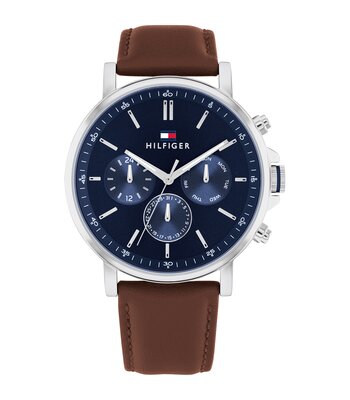 Montre TOMMY HILFIGER TYSON Homme 1710585 Analogue Cadran MINERAL Bleu Bracelet Cuir Brun Etanchéité 5BAR