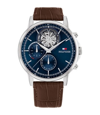 Montre TOMMY HILFIGER STEWART Homme 1710629 Analogue Cadran MINERAL Bleu Bracelet Cuir Brun Etanchéité 5BAR