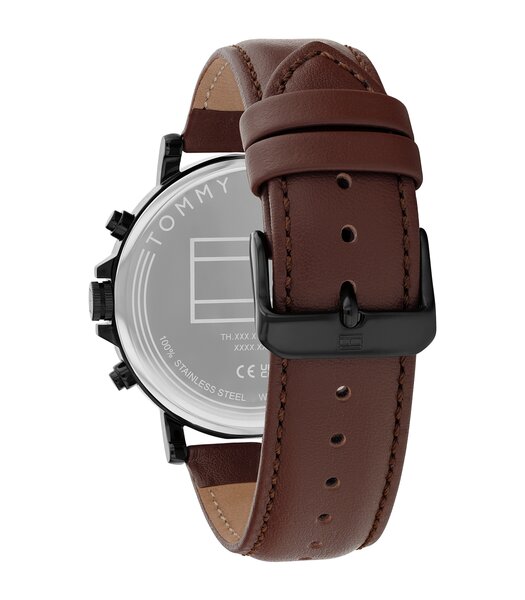 Montre TOMMY HILFIGER TYSON Homme 1710704 Analogue Cadran MINERAL Noir Bracelet Cuir Brun Etanchéité 5BAR