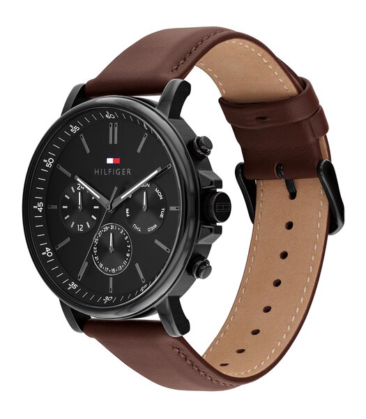 Montre TOMMY HILFIGER TYSON Homme 1710704 Analogue Cadran MINERAL Noir Bracelet Cuir Brun Etanchéité 5BAR