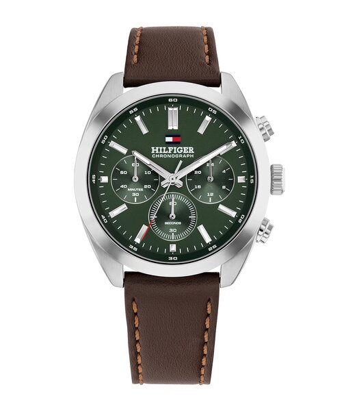 Montre TOMMY HILFIGER HUDSON Homme 1710719 Analogue Cadran MINERAL Vert Bracelet Cuir Brun Etanchéité 5BAR