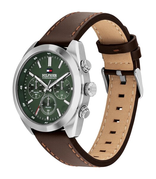 Montre TOMMY HILFIGER HUDSON Homme 1710719 Analogue Cadran MINERAL Vert Bracelet Cuir Brun Etanchéité 5BAR