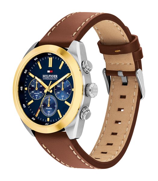 Montre TOMMY HILFIGER HUDSON Homme 1710720 Analogue Cadran MINERAL Bleu Bracelet Cuir Brun Etanchéité 5BAR