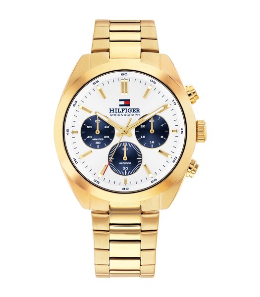 Montre TOMMY HILFIGER HUDSON Homme 1710723 Analogue Cadran MINERAL Blanc Bracelet Acier Or jaune Etanchéité 5BAR