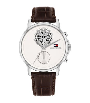 Montre TOMMY HILFIGER STEWART Homme 1710746 Analogue Cadran MINERAL Blanc Bracelet Cuir Brun Etanchéité 5BAR