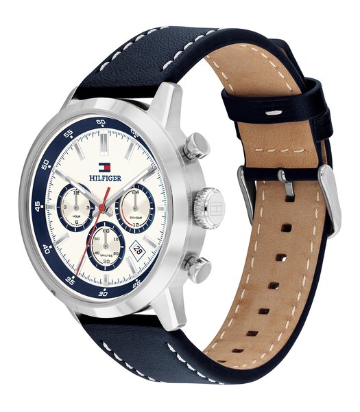 Montre TOMMY HILFIGER KENT Homme 1710751 Analogue Cadran MINERAL Blanc Bracelet Cuir Bleu Etanchéité 5BAR