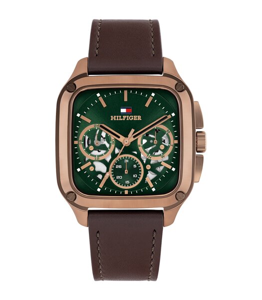 Montre TOMMY HILFIGER HERALD SKELETON Homme 1710757 Analogue Cadran MINERAL Vert Bracelet Cuir Brun Etanchéité 5BAR