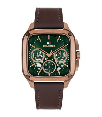 Montre TOMMY HILFIGER HERALD SKELETON Homme 1710757 Analogue Cadran MINERAL Vert Bracelet Cuir Brun Etanchéité 5BAR