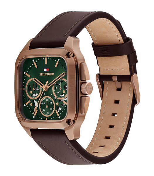 Montre TOMMY HILFIGER HERALD SKELETON Homme 1710757 Analogue Cadran MINERAL Vert Bracelet Cuir Brun Etanchéité 5BAR