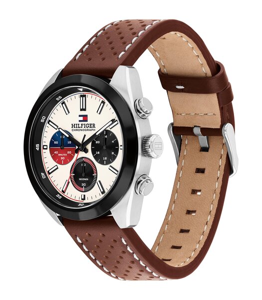 Montre TOMMY HILFIGER HUDSON Homme 1710765 Analogue Cadran MINERAL Blanc Bracelet Cuir Brun Etanchéité 5BAR