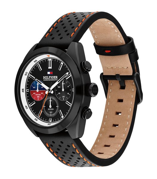 Montre TOMMY HILFIGER HUDSON Homme 1710766 Analogue Cadran MINERAL Noir Bracelet Cuir Noir Etanchéité 5BAR