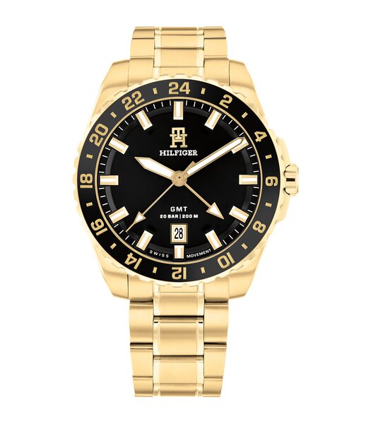 Montre TOMMY HILFIGER TH85 SWISS GMT Homme 1792133 Analogue Cadran MINERAL Noir Bracelet Acier Or jaune Etanchéité 20BAR