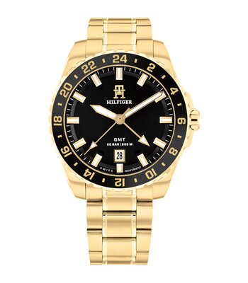 Montre TOMMY HILFIGER TH85 SWISS GMT Homme 1792133 Analogue Cadran MINERAL Noir Bracelet Acier Or jaune Etanchéité 20BAR