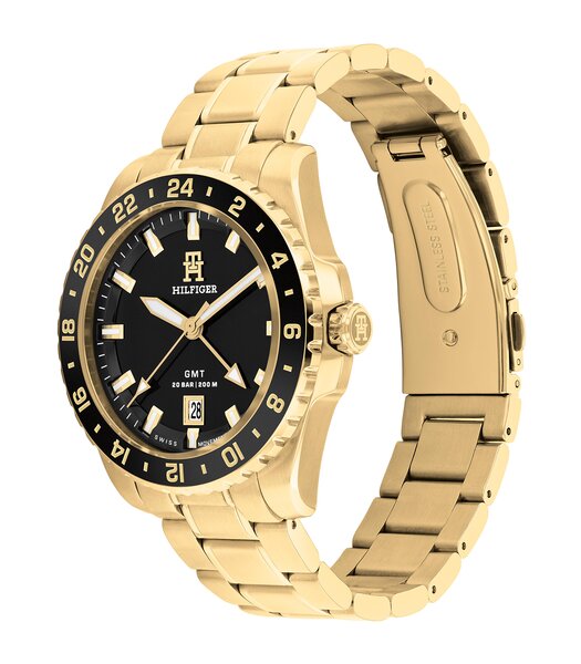 Montre TOMMY HILFIGER TH85 SWISS GMT Homme 1792133 Analogue Cadran MINERAL Noir Bracelet Acier Or jaune Etanchéité 20BAR