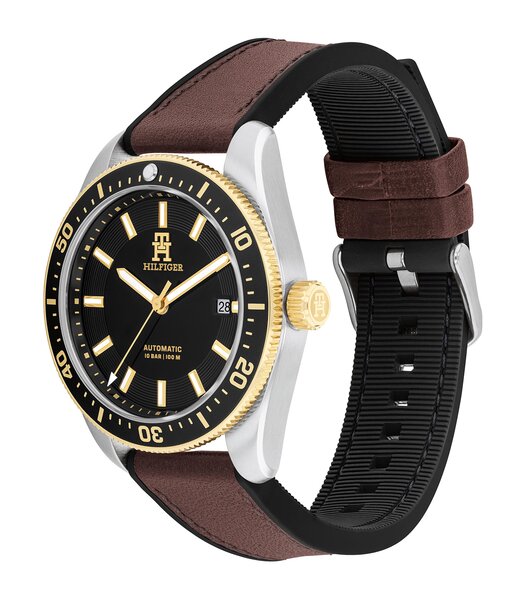 Horloge TOMMY HILFIGER TH85 AUTOMATIC Heren 1792142 Analoog Behuizing MINERAAL Zwart Bracelette Leer Bruin Etanchéiteiten 10BAR