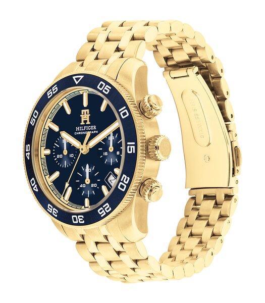 Montre TOMMY HILFIGER TH85 CHRONO (41MM) Homme 1792158 Analogue Cadran MINERAL Bleu Bracelet Acier Or jaune Etanchéité 5BAR