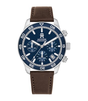 Montre TOMMY HILFIGER TH85 CHRONO (41MM) Homme 1792163 Analogue Cadran MINERAL Bleu Bracelet Cuir Brun Etanchéité 5BAR