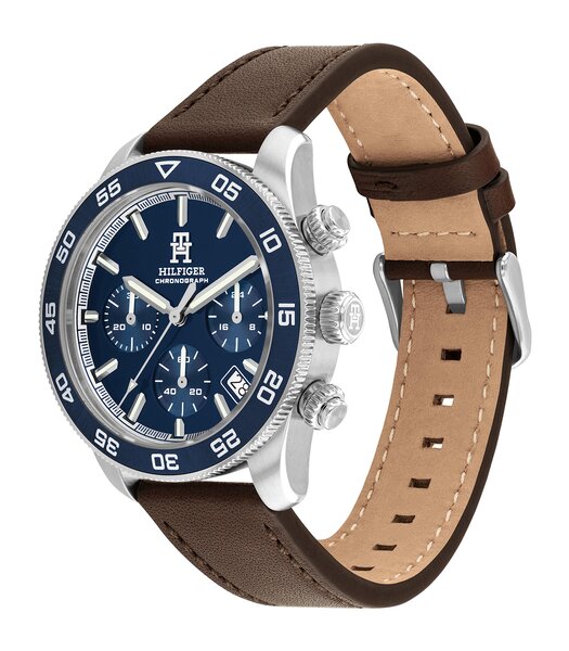 Montre TOMMY HILFIGER TH85 CHRONO (41MM) Homme 1792163 Analogue Cadran MINERAL Bleu Bracelet Cuir Brun Etanchéité 5BAR
