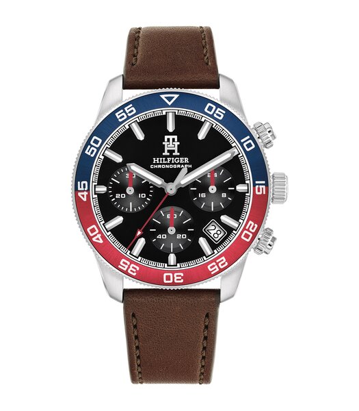 Montre TOMMY HILFIGER TH85 CHRONO (41MM) Homme 1792166 Analogue Cadran MINERAL Noir Bracelet Cuir Brun Etanchéité 5BAR