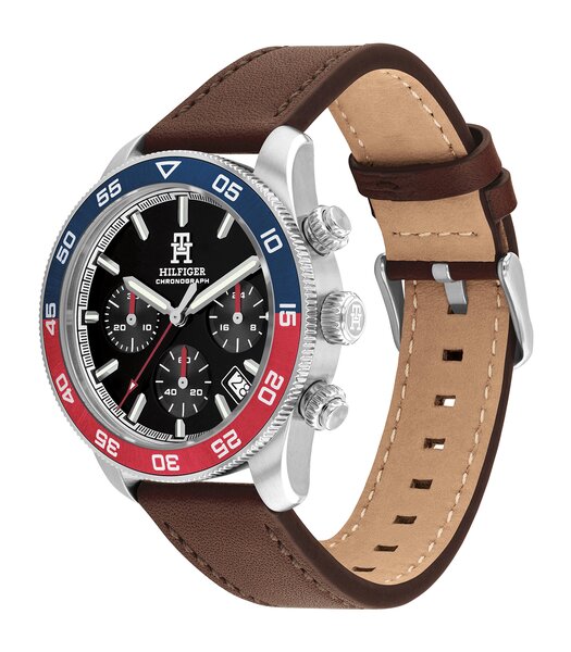 Montre TOMMY HILFIGER TH85 CHRONO (41MM) Homme 1792166 Analogue Cadran MINERAL Noir Bracelet Cuir Brun Etanchéité 5BAR