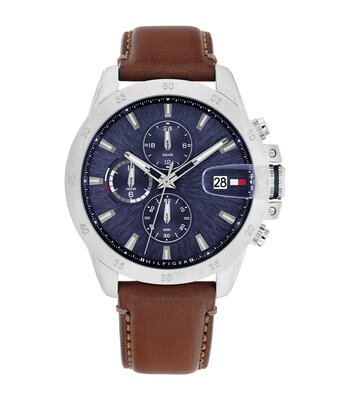Montre TOMMY HILFIGER JAMESON Homme 1792195 Analogue Cadran MINERAL Bleu Bracelet Cuir Brun Etanchéité 5BAR
