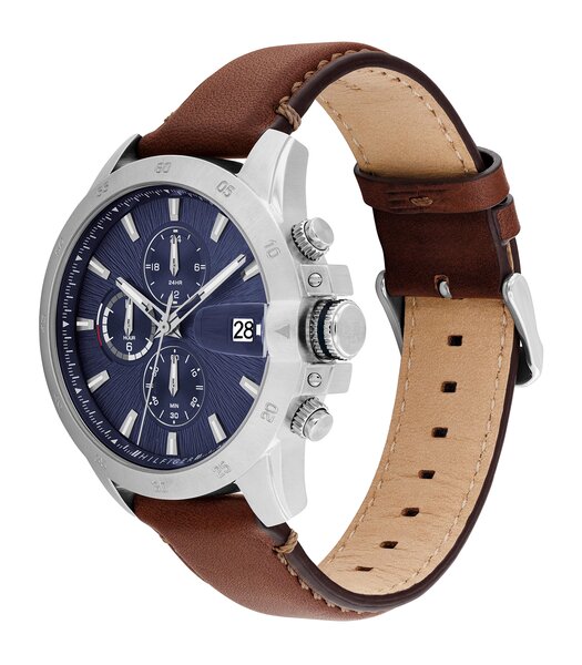 Montre TOMMY HILFIGER JAMESON Homme 1792195 Analogue Cadran MINERAL Bleu Bracelet Cuir Brun Etanchéité 5BAR