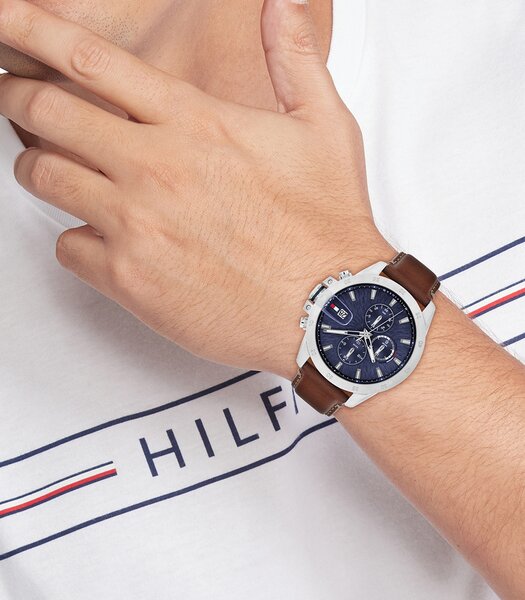 Montre TOMMY HILFIGER JAMESON Homme 1792195 Analogue Cadran MINERAL Bleu Bracelet Cuir Brun Etanchéité 5BAR