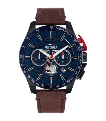 Montre TOMMY HILFIGER BANK Homme 1792268 Analogue Cadran MINERAL Bleu Bracelet Cuir Brun Etanchéité 5BAR