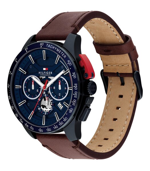 Montre TOMMY HILFIGER BANK Homme 1792268 Analogue Cadran MINERAL Bleu Bracelet Cuir Brun Etanchéité 5BAR