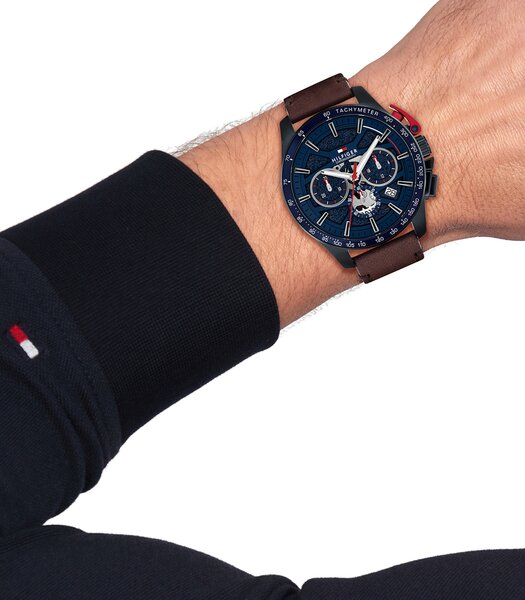 Montre TOMMY HILFIGER BANK Homme 1792268 Analogue Cadran MINERAL Bleu Bracelet Cuir Brun Etanchéité 5BAR
