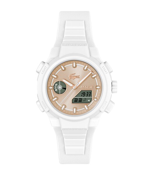 Montre LACOSTE SPORT INSPIRED Femme 2001430 Analogue Cadran MINERAL Or rose Bracelet Silicone Blanc Etanchéité 10BAR
