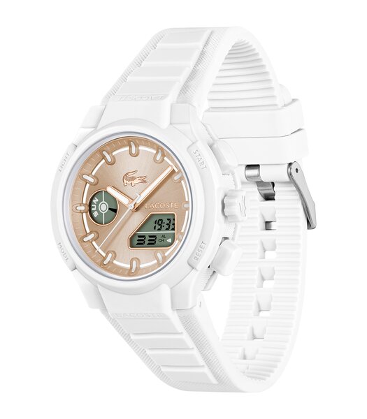 Montre LACOSTE SPORT INSPIRED Femme 2001430 Analogue Cadran MINERAL Or rose Bracelet Silicone Blanc Etanchéité 10BAR