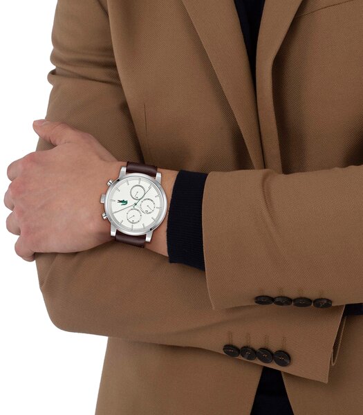 Montre LACOSTE LIFESTYLE Homme 2011486 Analogue Cadran MINERAL Blanc Bracelet Cuir Brun Etanchéité 5BAR