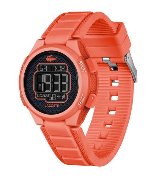 Montre LACOSTE KIDS Enfant 2030065 Analogue Cadran MINERAL Noir Bracelet Silicone Orange Etanchéité 10BAR