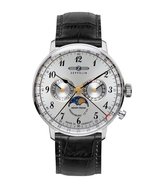 Montre ZEPPELIN HINDENBURG MONDPHASE Homme 7036-1 Analogue Cadran HESALITE Gris Bracelet Cuir Noir Boucle ardillon Etanchéité 3ATM
