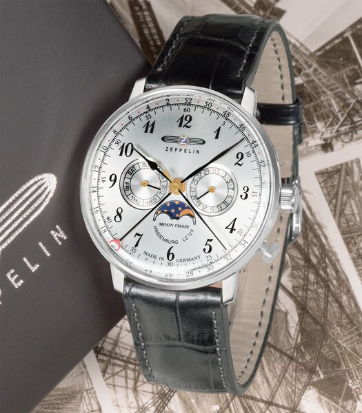 Montre ZEPPELIN HINDENBURG MONDPHASE Homme 7036-1 Analogue Cadran HESALITE Gris Bracelet Cuir Noir Boucle ardillon Etanchéité 3ATM