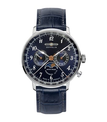 Montre ZEPPELIN HINDENBURG MONDPHASE Homme 7036-3 Analogue Cadran HESALITE Bleu Bracelet Cuir Bleu Boucle ardillon Etanchéité 3ATM