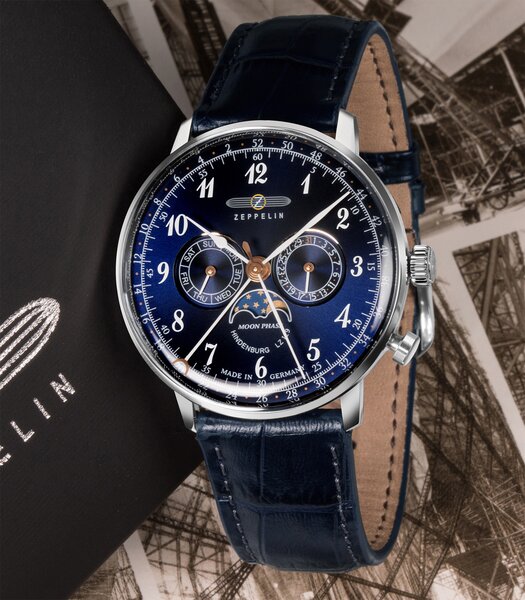 Montre ZEPPELIN HINDENBURG MONDPHASE Homme 7036-3 Analogue Cadran HESALITE Bleu Bracelet Cuir Bleu Boucle ardillon Etanchéité 3ATM