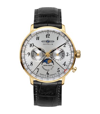 Montre ZEPPELIN HINDENBURG MONDPHASE Homme 7038-1 Analogue Cadran HESALITE Gris Bracelet Cuir Noir Boucle ardillon Etanchéité 3ATM