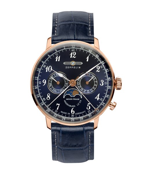 Montre ZEPPELIN HINDENBURG MONDPHASE Homme 7038-3 Analogique Cadran Hésalite Bleu Bracelet Cuir Bleu Boucle ardillon Etanchéité 3 BAR