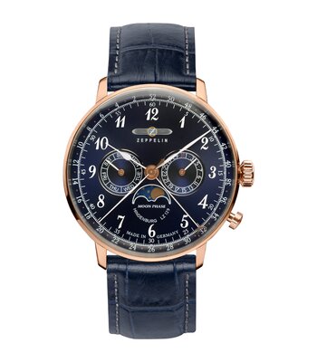 Montre ZEPPELIN HINDENBURG MONDPHASE Homme 7038-3 Analogique Cadran Hésalite Bleu Bracelet Cuir Bleu Boucle ardillon Etanchéité 3 BAR